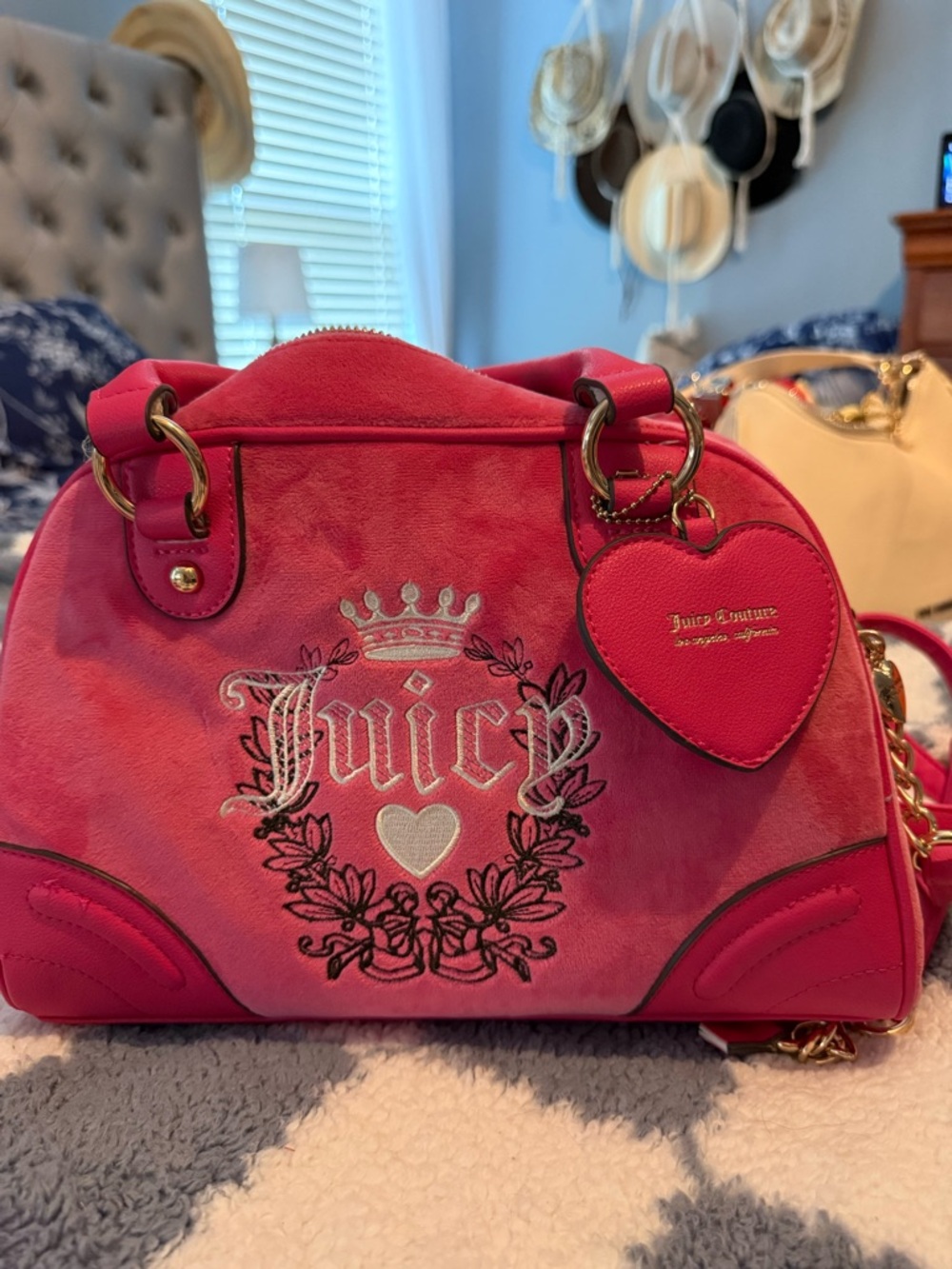 Juicy Couture Hot Pink Velvet Satchel with Heart Charm